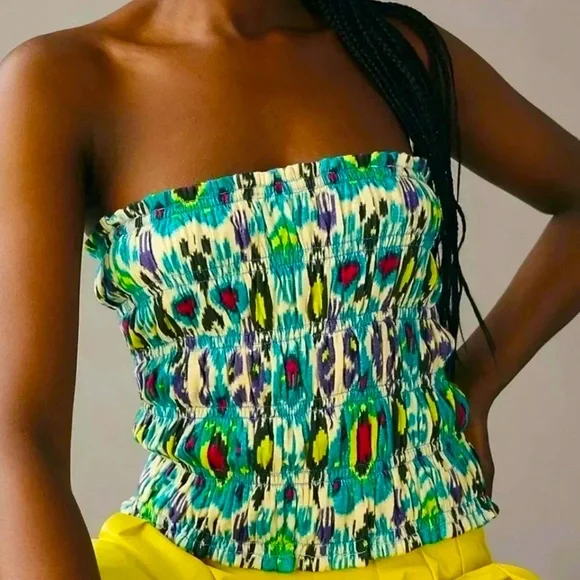 Anthropologie Women's Smocked Tube‎ Top Blue/Green Ikat Print Strapless Tank-S - Picture 5 of 9